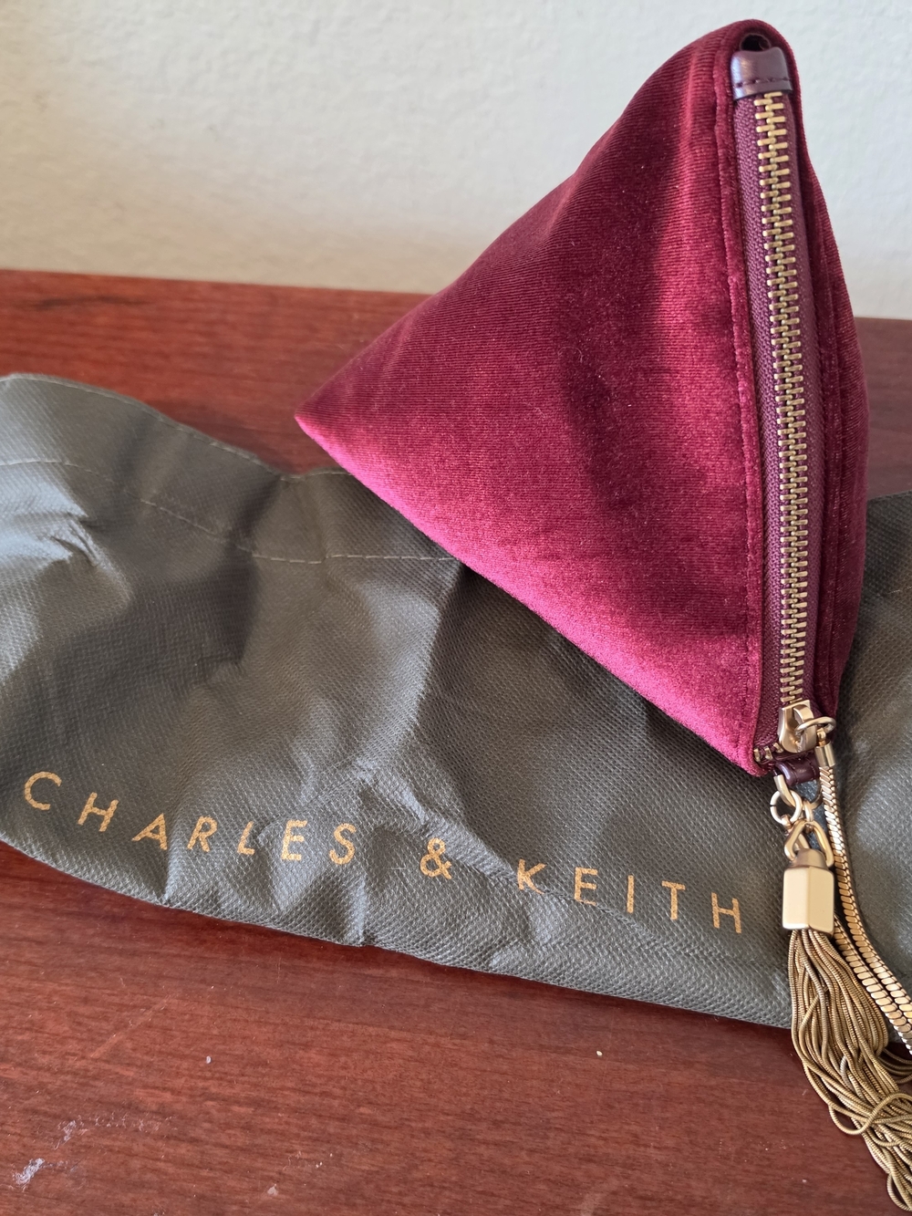 Charles & Keith Velvet Triangle Coin Pouch - Burgundy